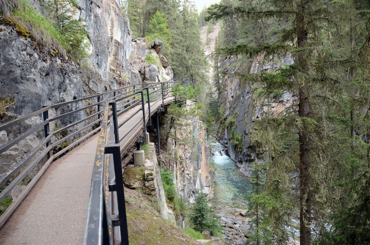 01 Walking Up Boardwalk Towards Lower Falls In Johnston Canyon In Summer